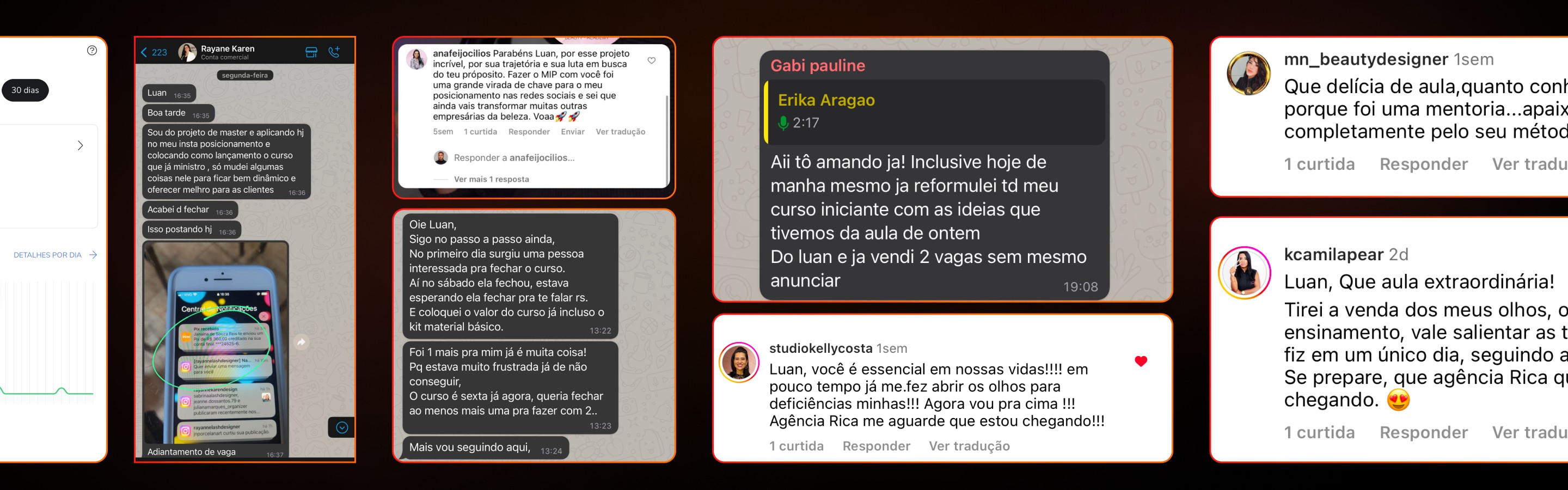 Depoimentos de clientes no WhatsApp e Instagram